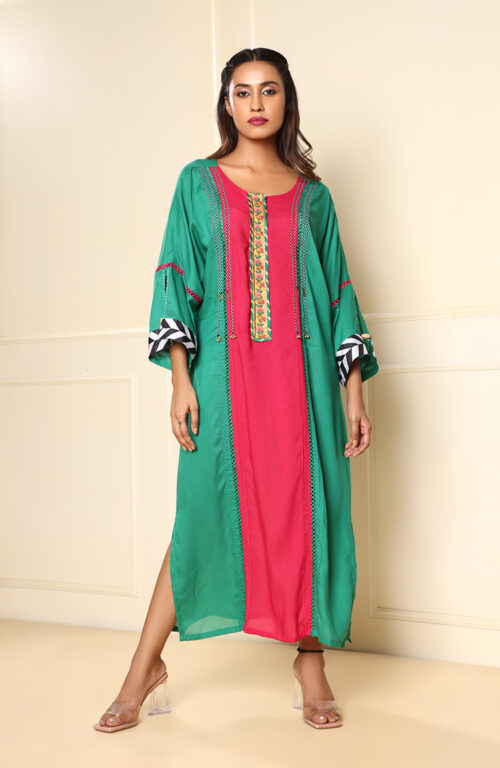 Green with pink centre panel dress