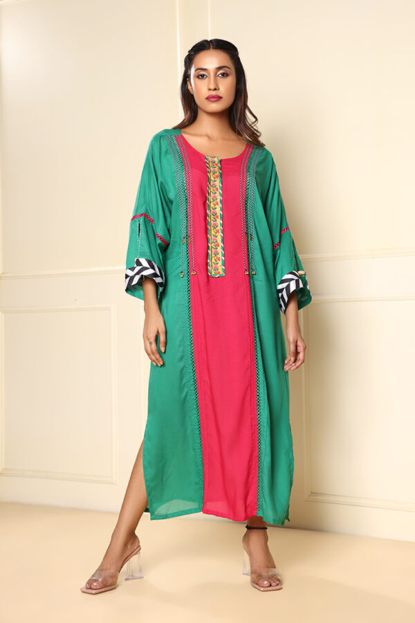 Green with pink centre panel dress