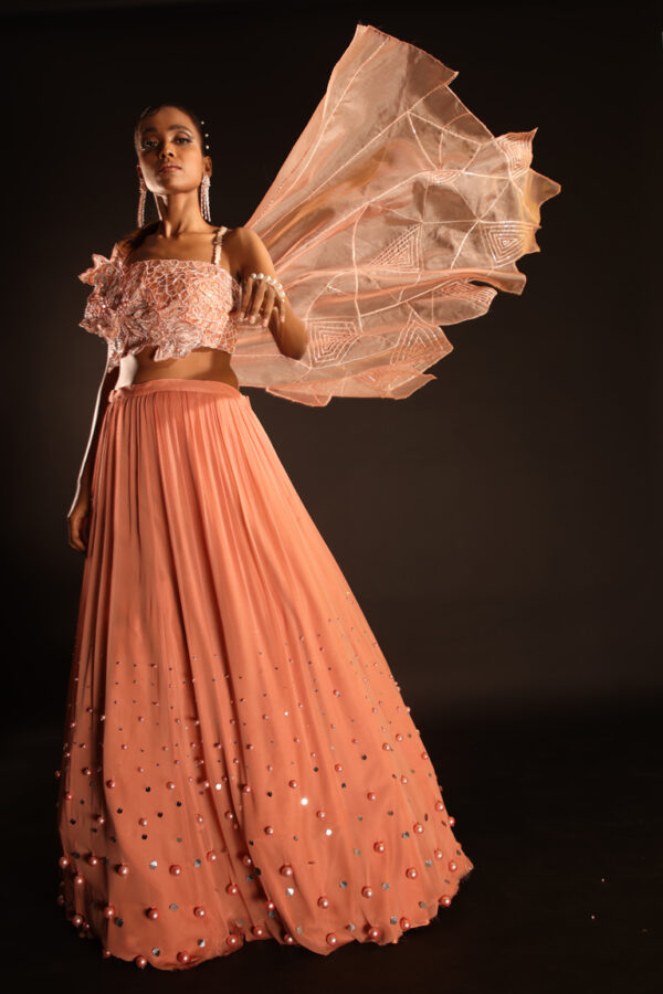 Coral Floral Lehenga - Image 4