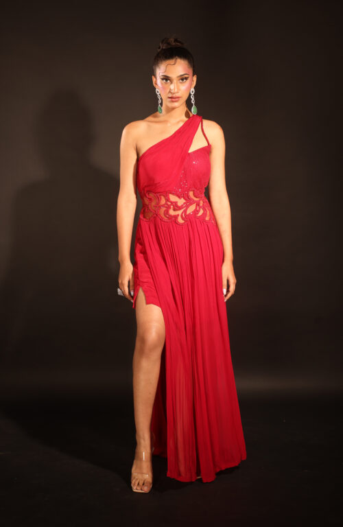 Red Waist Cut Work Gown