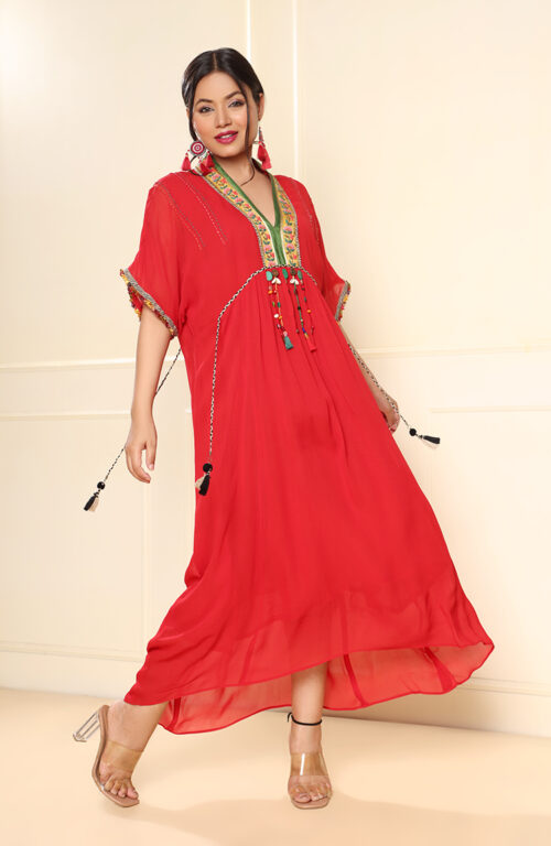 Red front gather dress
