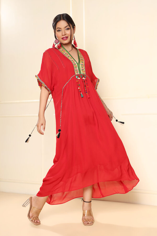 Red front gather dress